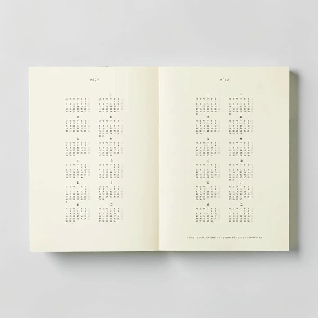 The diary open at the year planner: 2027 on the left page, 2028 on the right.